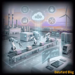 Manufacturing robots and computer systems connected to the cloud, illustrating legacy system modernization in a factory environment.