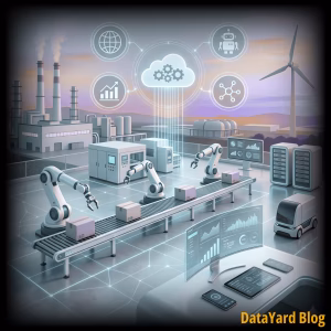 Manufacturing robots and computer systems connected to the cloud, illustrating legacy system modernization in a factory environment.
