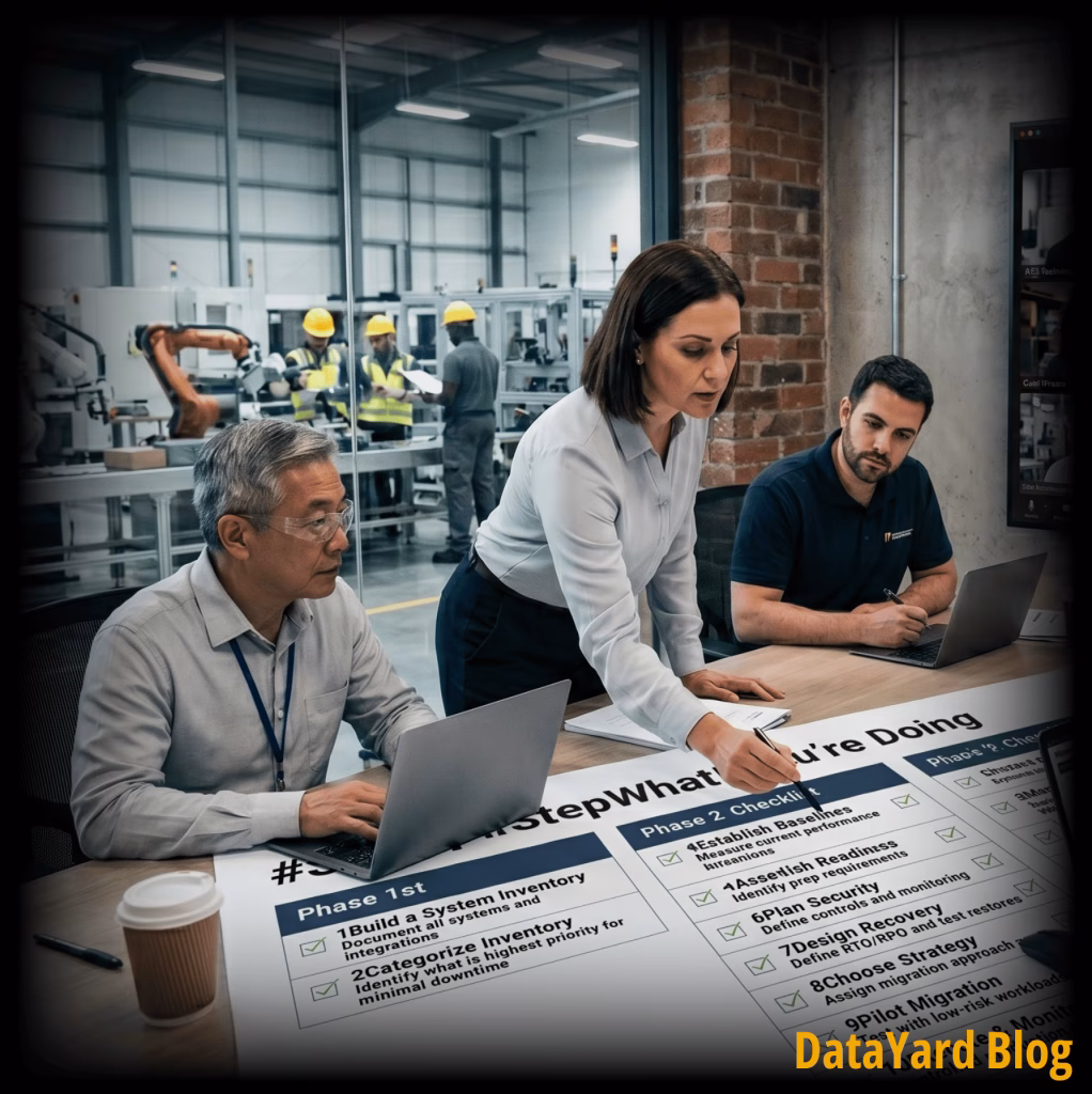 Image of a manufacturing team on a video call with an IT team reviewing a cloud migration checklist. “DataYard Blog” appears in the corner.