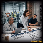 Image of a manufacturing team on a video call with an IT team reviewing a cloud migration checklist. “DataYard Blog” appears in the corner.