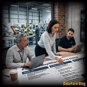 Image of a manufacturing team on a video call with an IT team reviewing a cloud migration checklist. “DataYard Blog” appears in the corner.