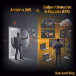 Antivirus vs. EDR illustration showing a security guard blocking threats at a doorway to represent antivirus protection, alongside a cybersecurity analyst monitoring laptops, servers, and multiple endpoints in real time to represent Endpoint Detection & Response (EDR).