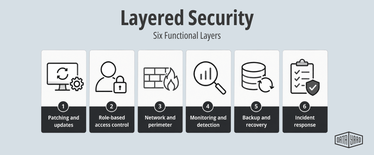 Diagram of six layered security functions: patching, access control, network controls, monitoring and detection, backup and recovery, and incident response