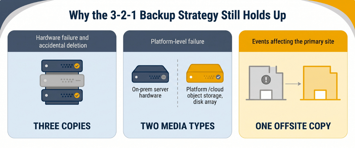 Three panels pairing a risk with the requirement that addresses it: three copies for hardware failure and accidental deletion, two media types for platform-level failure, and one offsite copy for events affecting the primary site
