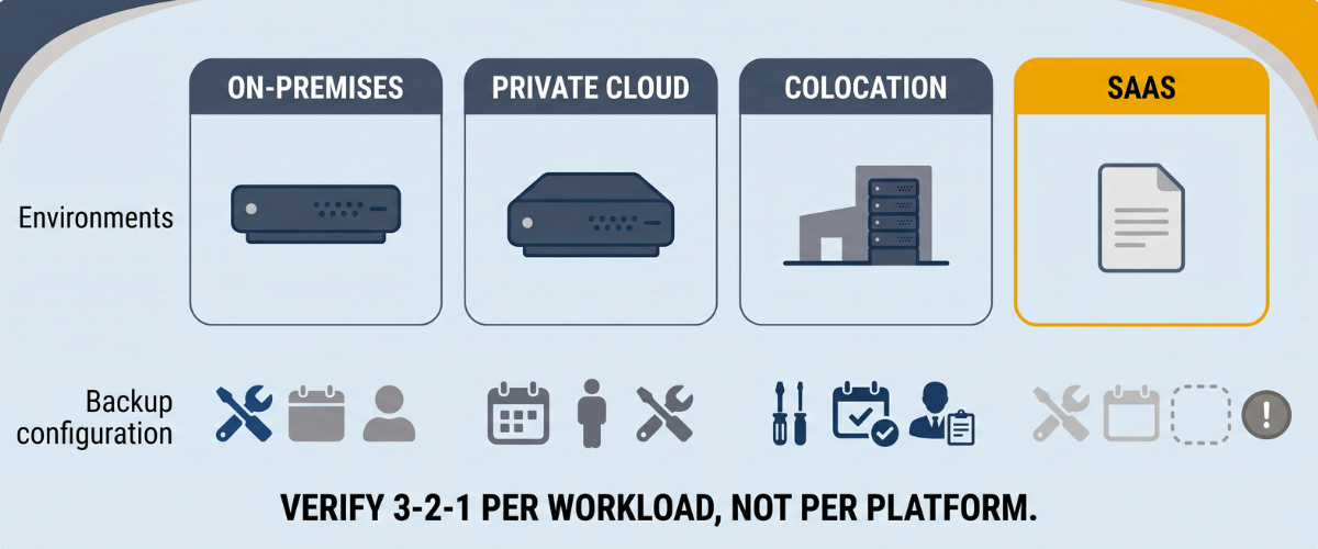 On-premises, private cloud, colocation, and SaaS environments shown side by side, each with its own separate backup tooling, retention, and administrator, with one configuration incomplete