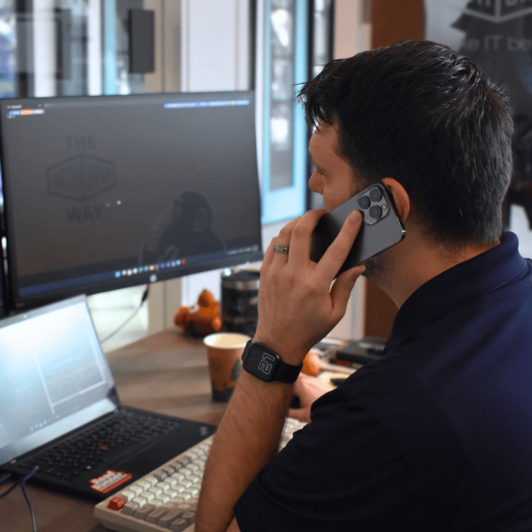 A DataYard engineer taking a client call at his desk in Dayton, Ohio