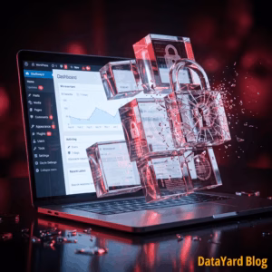 WordPress plugin vulnerability concept: a laptop showing a WordPress dashboard with plugin updates pending, as glass padlocks break apart in front of the screen