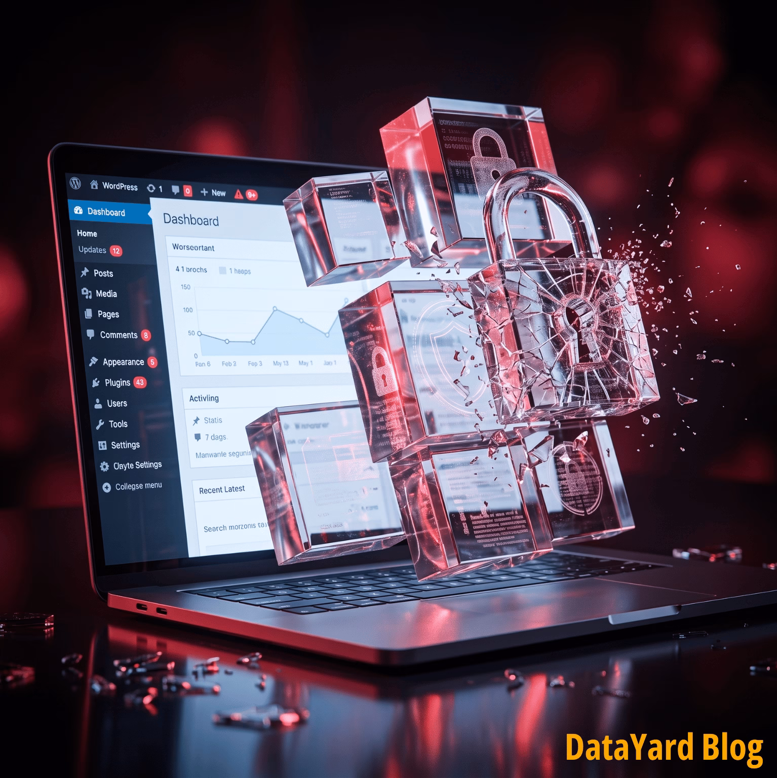 WordPress plugin vulnerability concept: a laptop showing a WordPress dashboard with plugin updates pending, as glass padlocks break apart in front of the screen